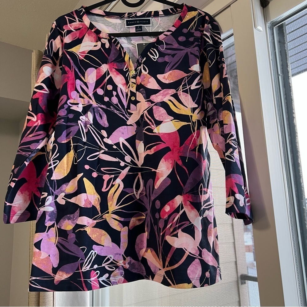 NWT Karen Scott Floral Three-Quarter Sleeve Henley Top, blue, pink